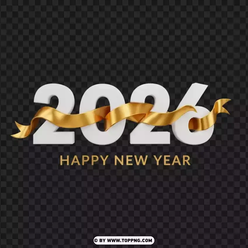 2026 Premium New Year 3d Typography With Gold Ribbon PNG Transparent Background