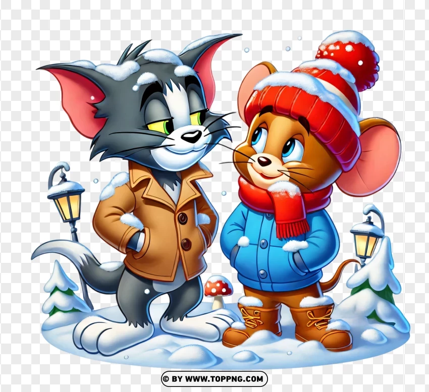 Tom And Jerry Sharing Ice Cream In Winter PNG Transparent Background