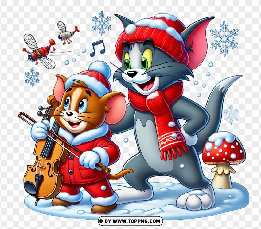 Tom And Jerry Playing Music In Snow PNG Transparent Background