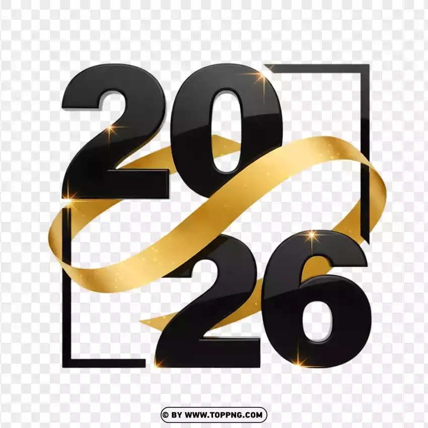 3d Black Glossy 2026 Wrapped In Metallic Gold Ribbon Sparkle PNG Transparent Background