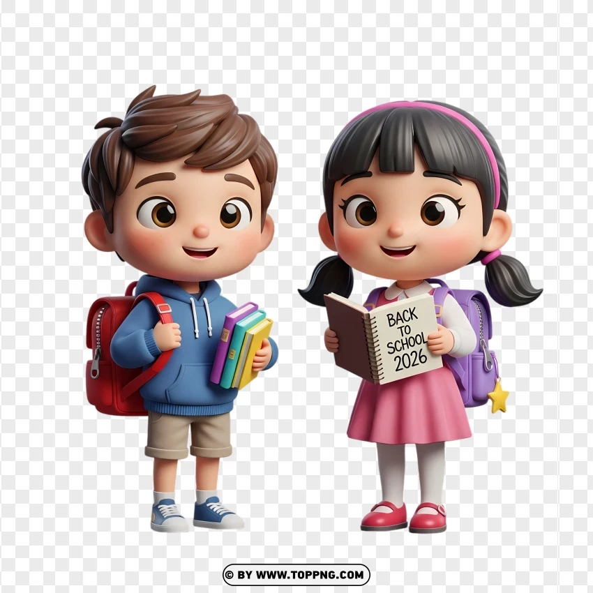 3d Chibi-style Kids With Books Backpacks PNG Transparent Background