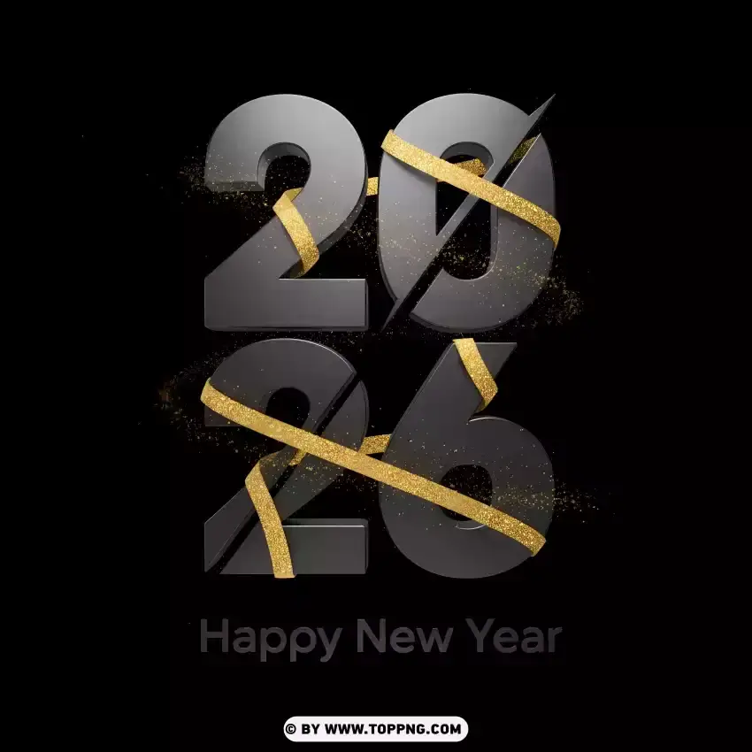 3d Dark Silver 2026 With Gold Glitter Ribbon Spark Effect Card PNG Transparent Background