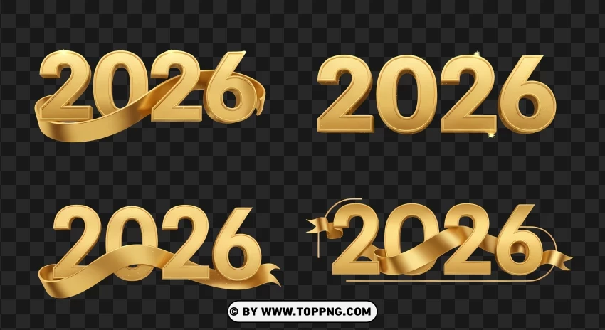 3d Gold 2026 Typography Set With Sparkle Variations PNG Transparent Background