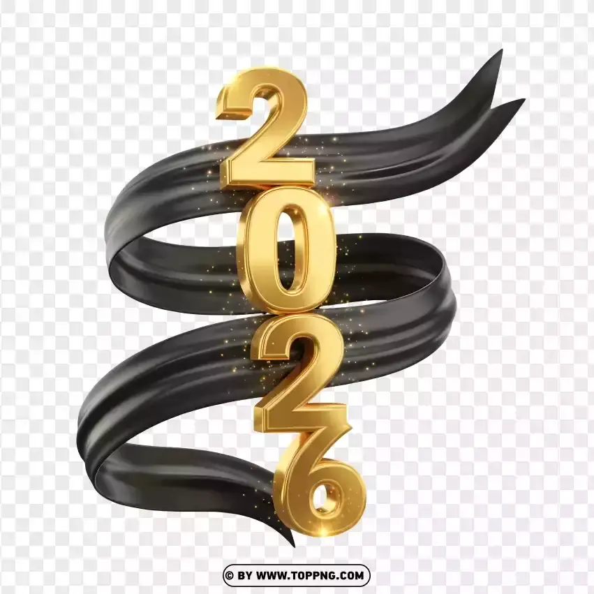 3d Gold 2026 With Black Satin Ribbon Glow Effect PNG Transparent Background