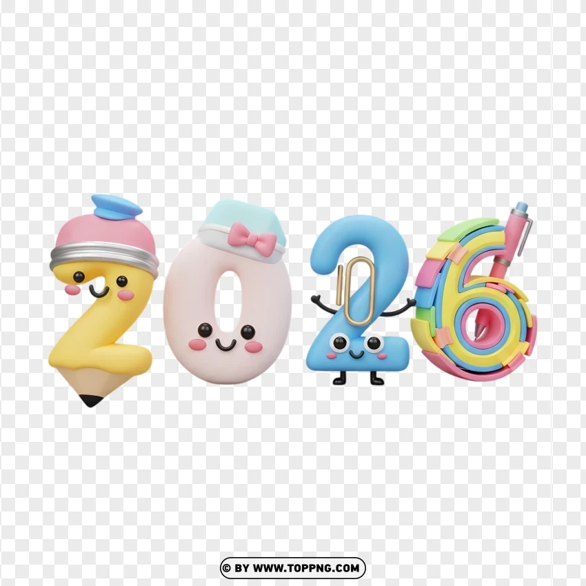 3d Kawaii Stationery With 2026 Numbers PNG Transparent Background