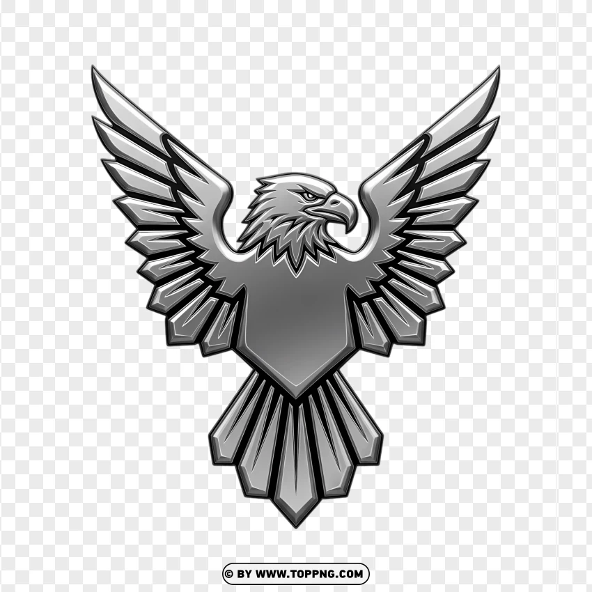 A realistic 3D logo of a metallic eagle's head with a shiny silver texture.