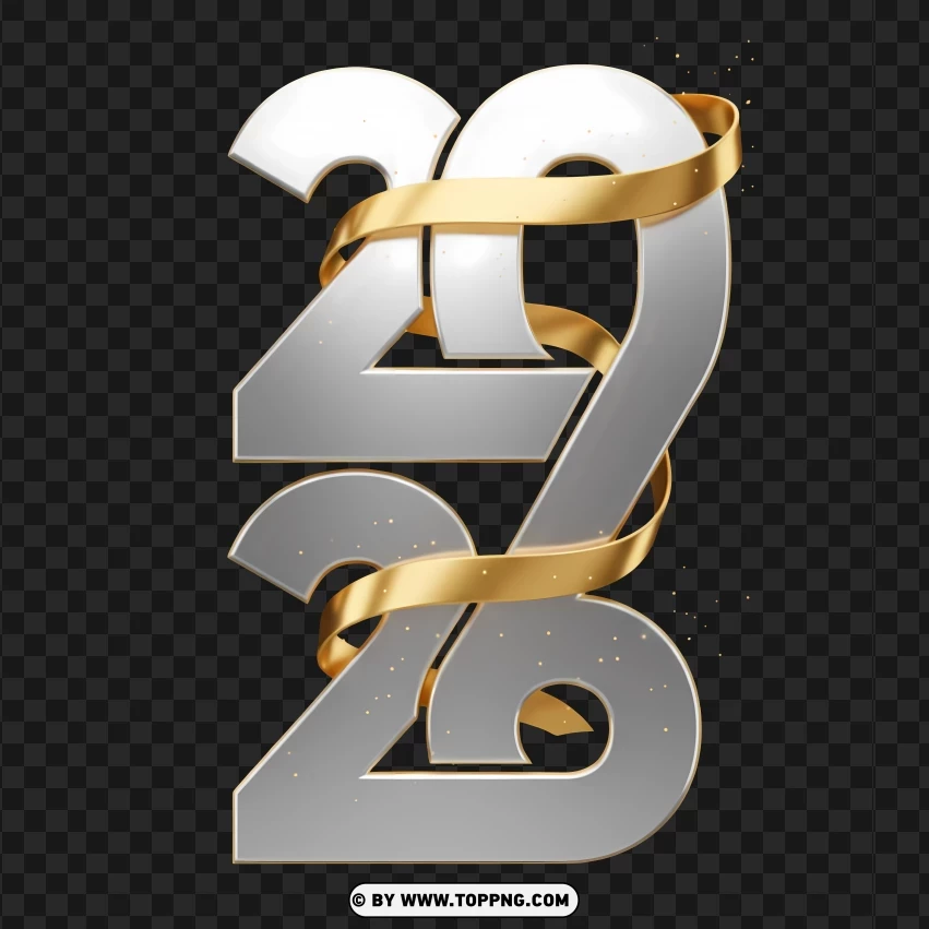 3d Silver Chrome 2026 With Gold Ribbon Dual-metal Effect PNG Transparent Background