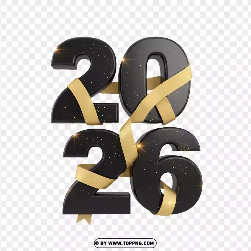 3d Vertical Black 2026 Numbers With Gold Ribbon PNG Transparent Background