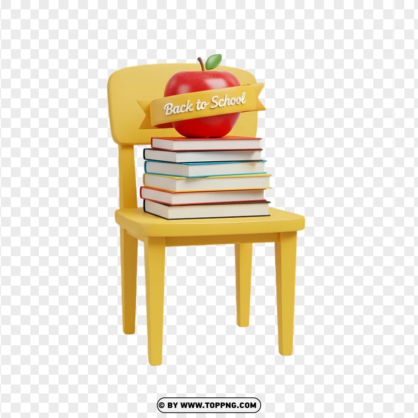 3d Yellow School Chair With Books And Apple Back To School Illustration PNG Transparent Background