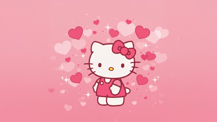 Cute Hello Kitty Wallpaper With Floating Hearts PNG Transparent Background