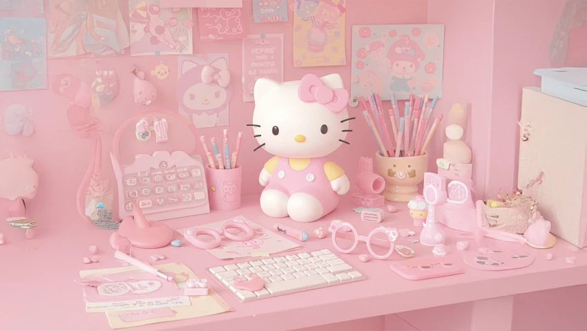 Aesthetic Hello Kitty Wallpaper Laptop Pink Desk PNG Transparent Background