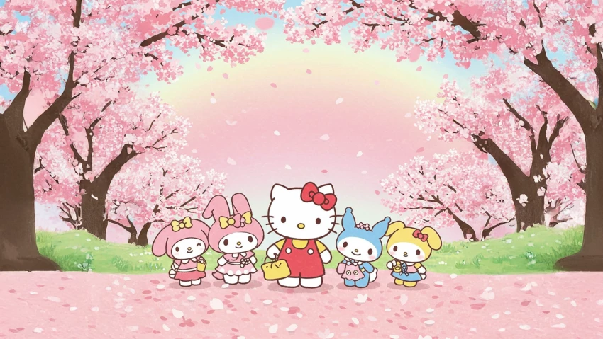 Hello Kitty Spring Wallpaper With Cherry Blossoms PNG Transparent Background