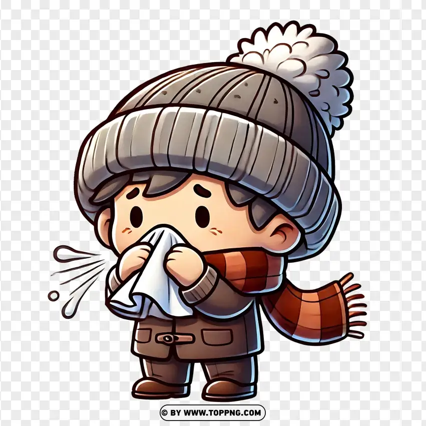 Cartoon Boy Blowing Nose With Tissue PNG Transparent Background