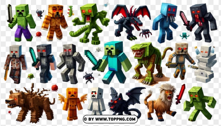 A Collection Of Ferocious Minecraft Monsters And Enemies PNG Transparent Background