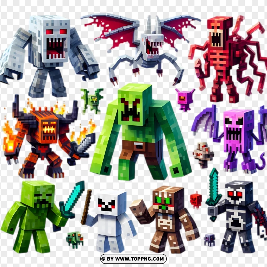 A Menacing Collection Of Minecraft Monsters And Villains PNG Transparent Background