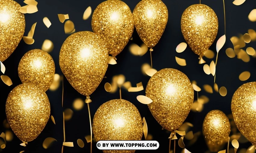 Festive golden balloons, Confetti celebration backdrop, Blurred bokeh party background, Golden inflatable balloons decor, Festive event ambiance, Confetti-filled background, Luxury party scene