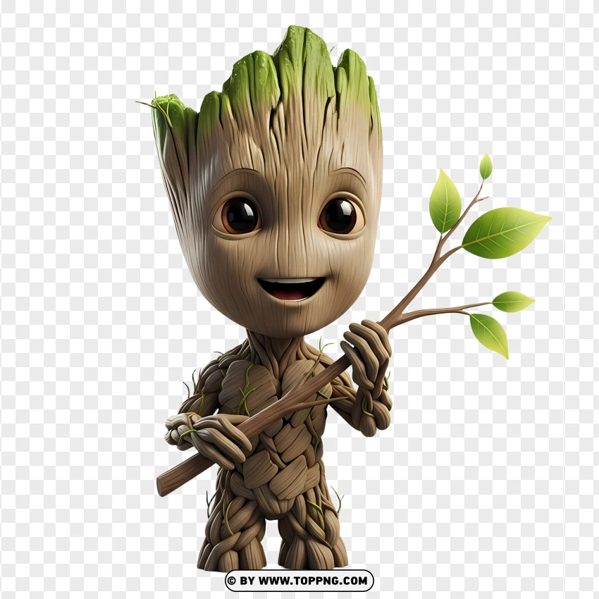 Adorable 3d Baby Groot Hugging Twig Pixar Style PNG Transparent Background