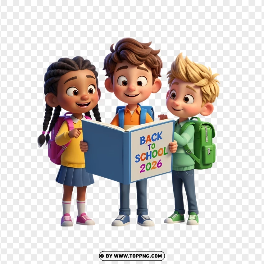 Adorable 3d Cartoon Children Back To School 2026 Scene PNG Transparent Background