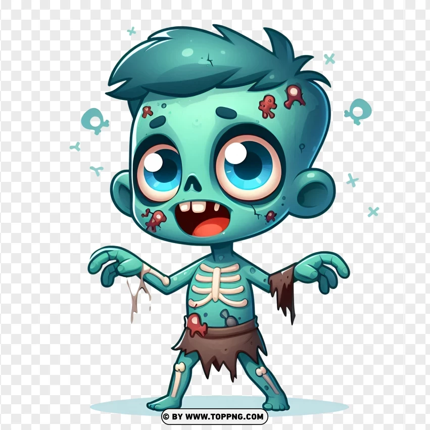 Cute cartoon-style zombie character with green skin and exposed bones, wearing torn clothes, on a transparent background