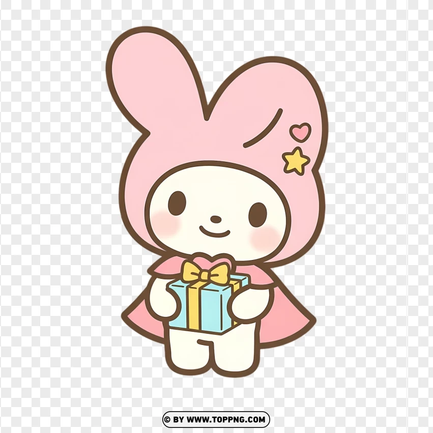 Adorable chibi bunny holding small gift box in kawaii pose