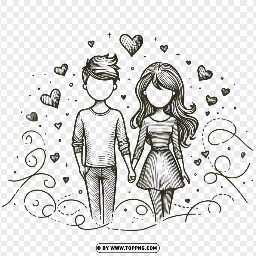 Adorable Couple Doodle With Love-themed Details PNG Transparent Background