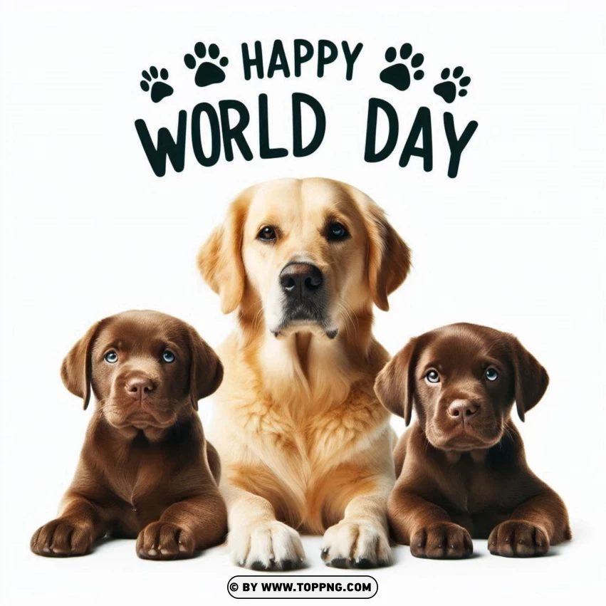 Golden Retriever With Two Puppies With Happy World Dog Day Poster PNG Transparent Background