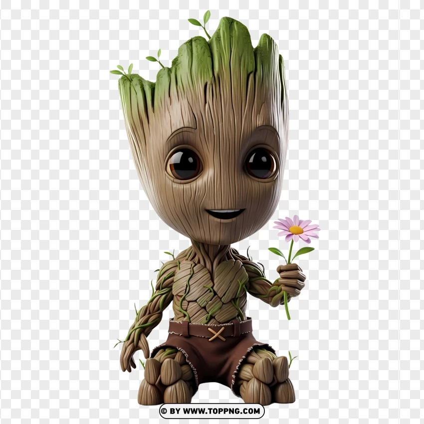 Adorable Groot Holding Small Flower In Hand PNG Transparent Background