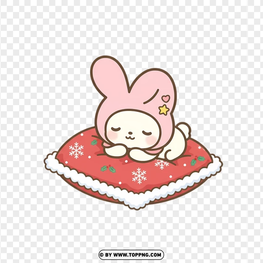 Adorable sleeping bunny hugging Christmas pillow in kawaii pastel style