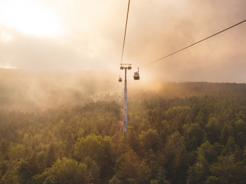 aerial lift, cable car, fog, trees, clouds