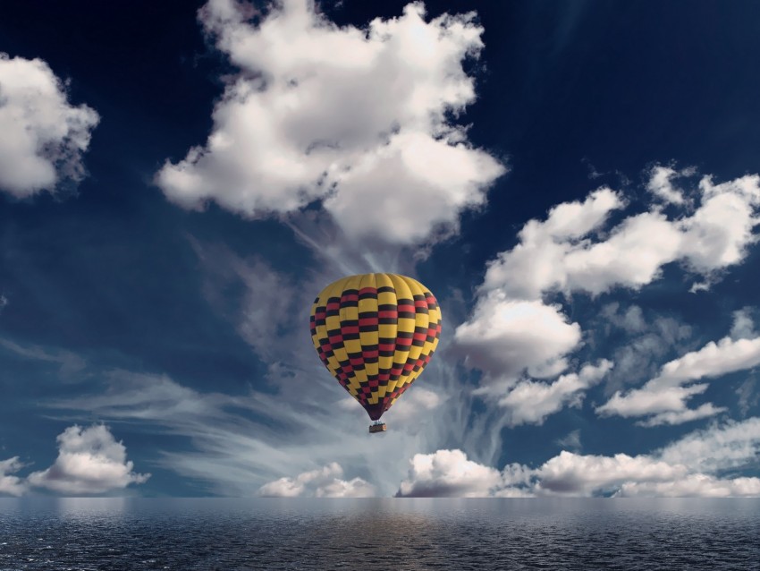 air balloon, aerostat, sea, horizon, clouds