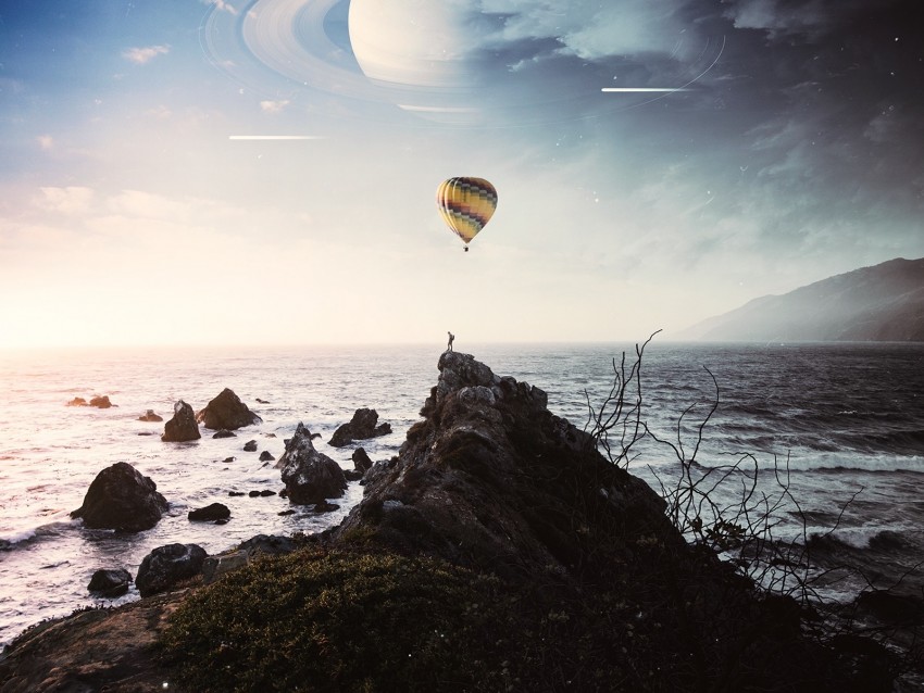 air balloon, clipping, silhouette, planet, photoshop