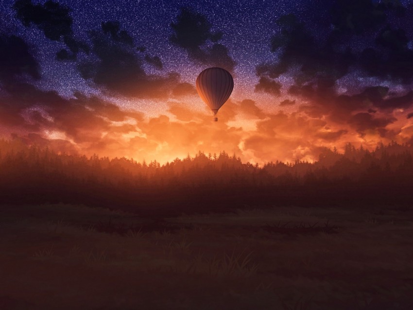 air balloon, sunset, twilight, art, dark