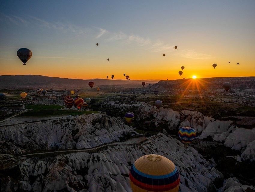 air balloons, mountains, sunrise, aerial view, landscape