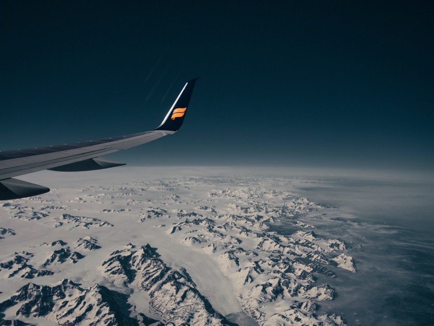 aircraft wing, flight, aerial view, mountains, snow