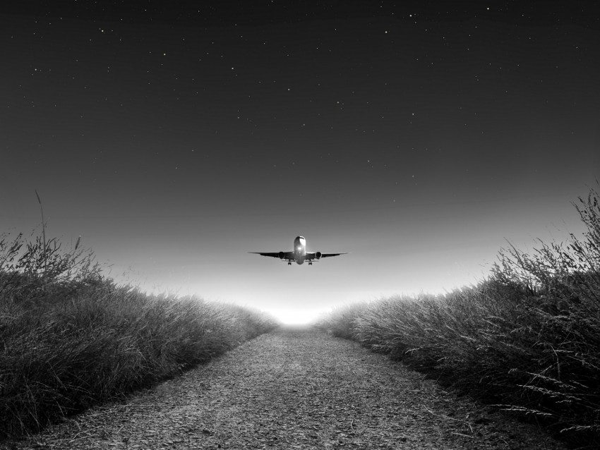 airplane, takeoff, bw, starry sky, photoshop