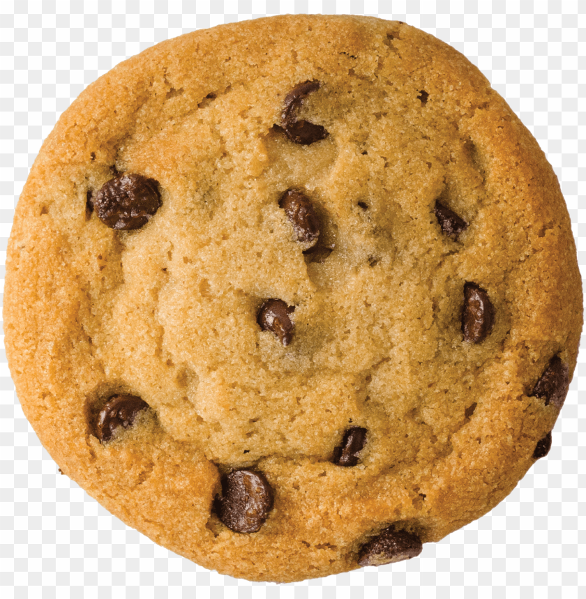 Close-up of a chocolate chip cookie with a golden brown texture.