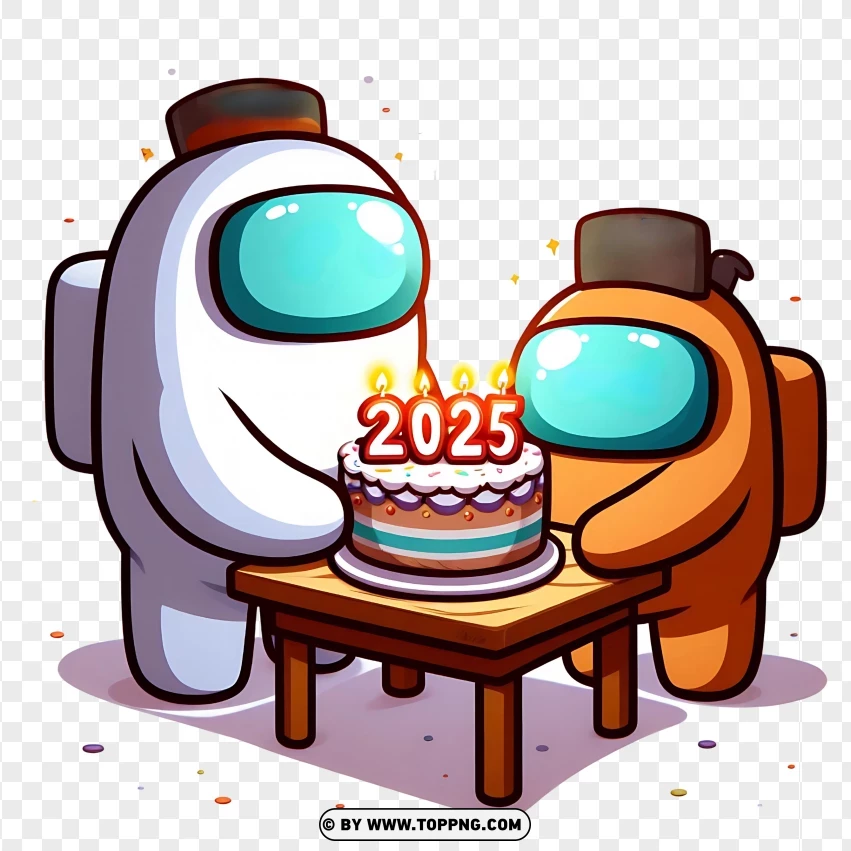 Among Us New Year Party With Cake And Crewmates PNG Transparent Background