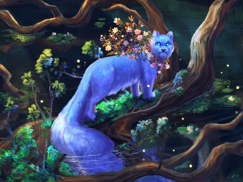 animal, fantasy, art, tree, branches, flowers
