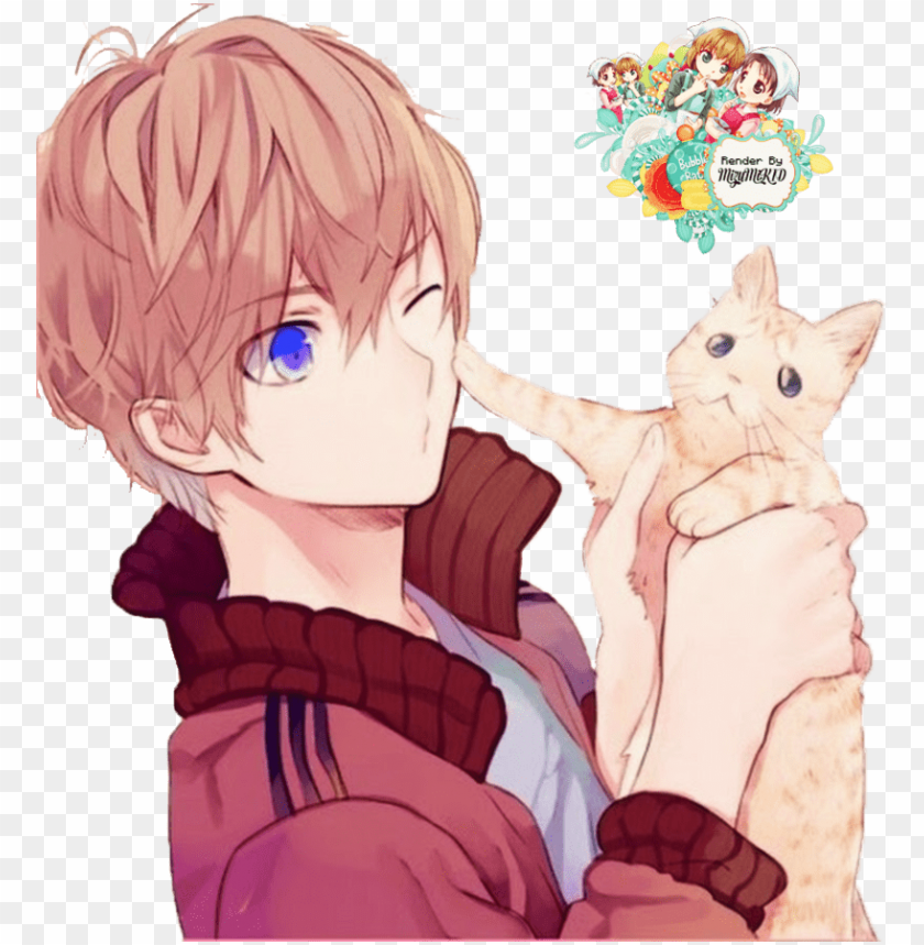 anime boy cute - anime boy with cat PNG image with transparent background.