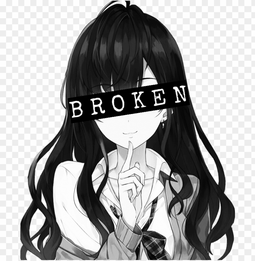 animegirl blackandwhite greyscale broken depression - anime brown hair girl  PNG image with transparent background | TOPpng