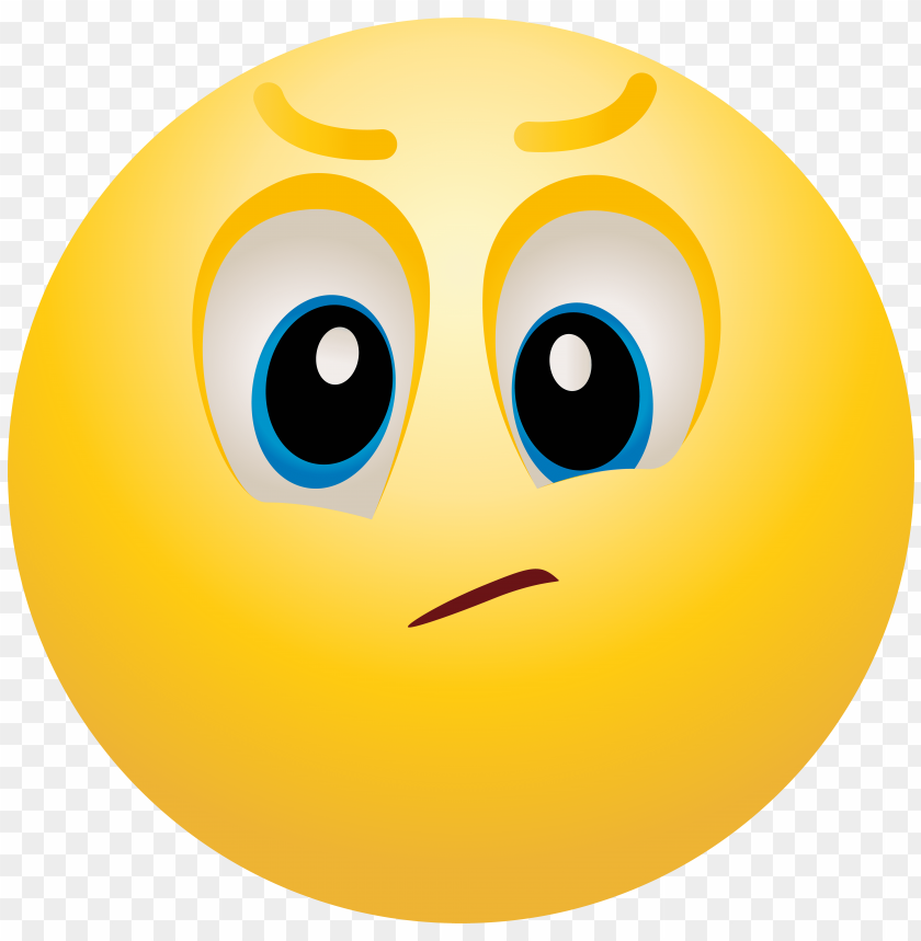 Concerned yellow emoji face with blue eyes and a frown on a transparent background