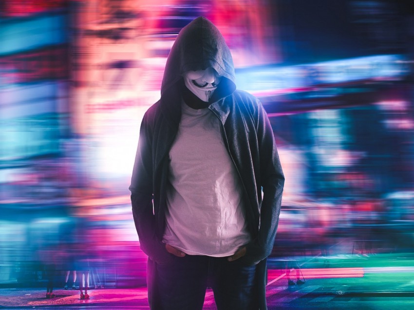 anonymous, mask, hood, neon, blur, long exposure