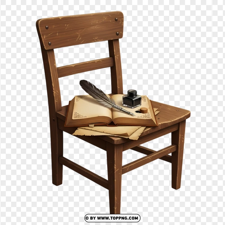Antique Classroom Chair With Book And Writing Tools PNG Transparent Background