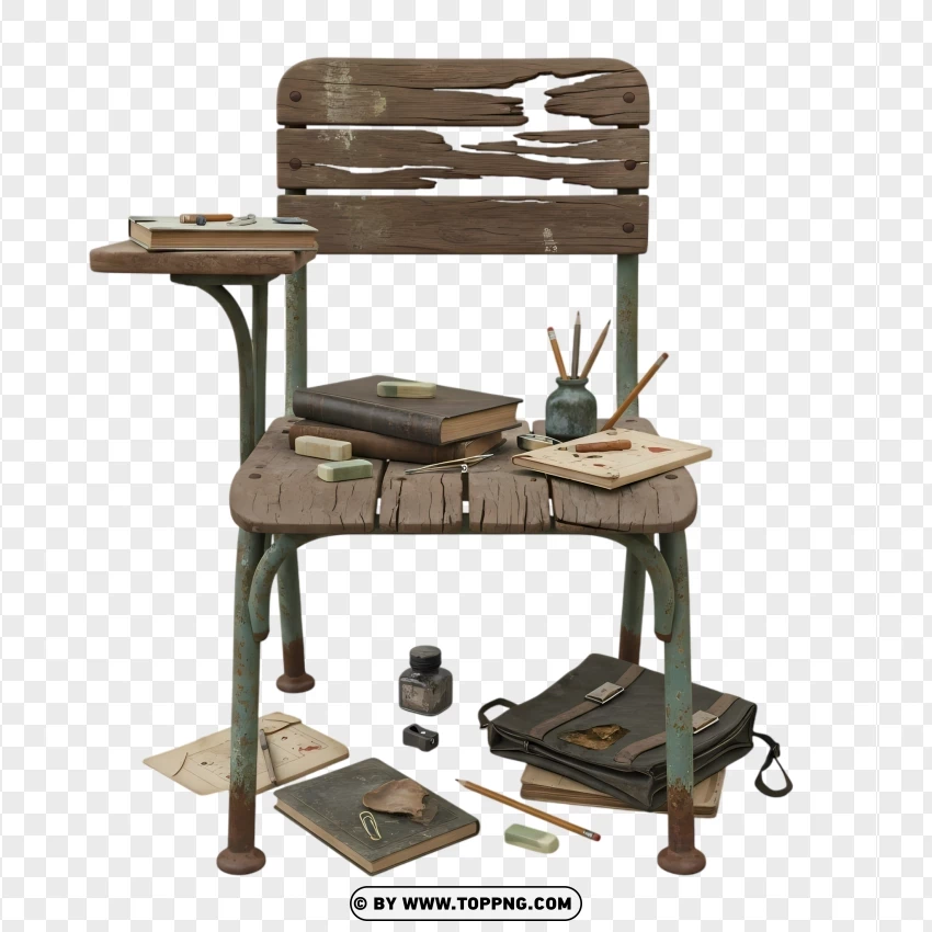 Antique School Chair With Vintage Stationery PNG Transparent Background