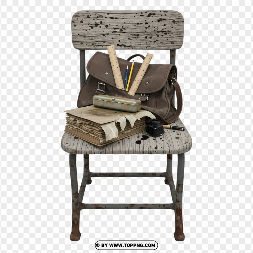 Antique School Chair With Water-damaged Supplies PNG Transparent Background