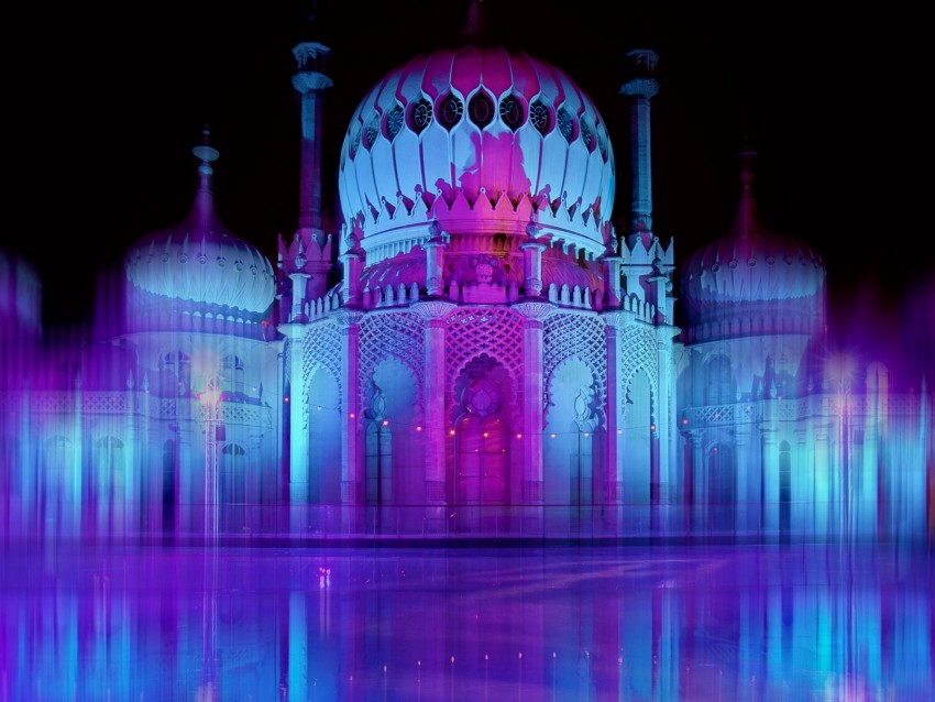 architecture, night, neon, light, lilac, blue, pink