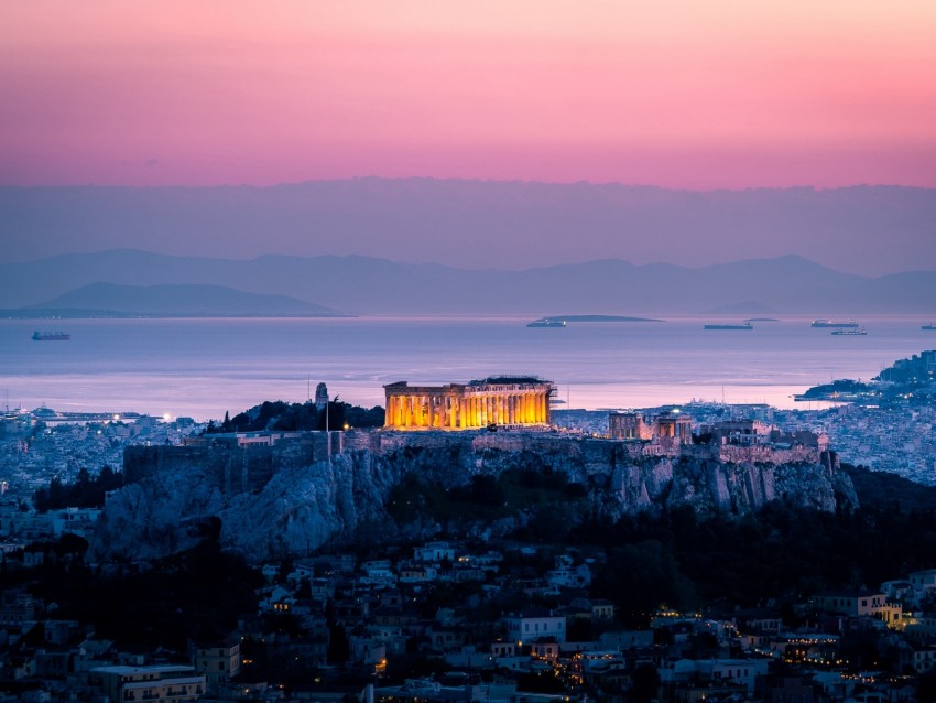 architecture, sunset, sea, acropolis, athens, greece