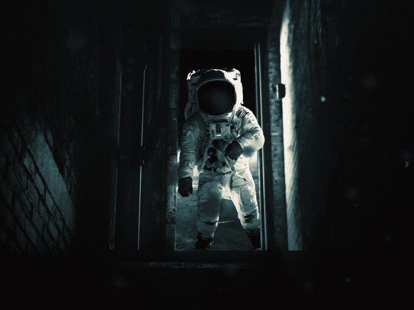 astronaut, cosmonaut, gravity, spacesuit, door, dark