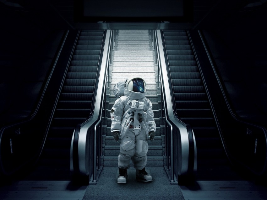 astronaut, cosmonaut, spacesuit, escalator, stairs