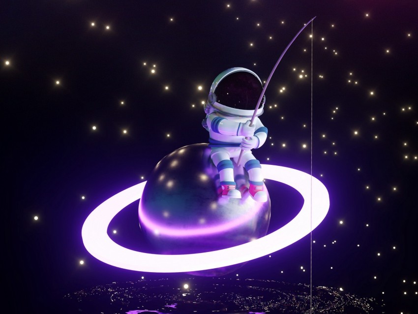 astronaut, fisherman, planet, glow, stars, art